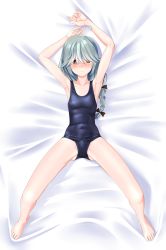 Rule 34 | 1girl, ahoge, armpits, barefoot, black ribbon, blue one-piece swimsuit, braid, brown eyes, commentary request, commission, flat chest, from above, grey hair, hair over eyes, hair ribbon, hamanami (kancolle), highres, kantai collection, long hair, looking at viewer, lying, old school swimsuit, one-piece swimsuit, presenting armpit, ribbon, school swimsuit, single braid, solo, spread legs, swimsuit, takafumi