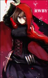 Rule 34 | 1girl, bad id, bad pixiv id, border, brown hair, copyright name, highres, hooded, lolita fashion, red hood, ruby rose, rwby, short hair, grey eyes, simple background, solo, tarbo (exxxpiation), weapon