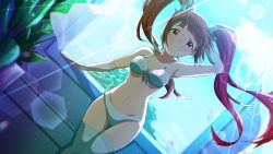 Rule 34 | 1girl, absurdres, bikini, breasts, brown eyes, brown hair, commentary request, cowboy shot, dutch angle, grin, highres, idolmaster, idolmaster million live!, lens flare, light rays, long hair, looking at viewer, matsuda arisa, medium breasts, plant, sanami (sanami t 38), smile, solo, standing, sunbeam, sunlight, swimsuit, thighhighs, twintails, white bikini, white thighhighs, zettai ryouiki