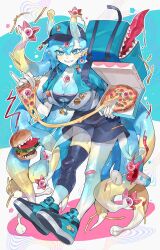 1girl absurdres bandaid bandaid_on_knee bandaid_on_leg blue_footwear blue_hair box burger cup drinking_straw food highres holding holding_box holding_food holding_pizza insulated_delivery_bag long_hair monster_girl original pizza pizza_box pizza_slice sakoku_(oyatsu3ji_) shoes slime_girl sneakers