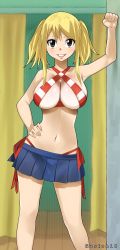Rule 34 | 1girl, absurdres, artist name, bikini, blonde hair, breasts, brown eyes, cleavage, collarbone, fairy tail, gaston18, highres, large breasts, long hair, looking at viewer, lucy heartfilia, navel, panties, red panties, shirt, skirt, smile, solo, stomach, swimsuit, thighs, underwear, white shirt, wide hips