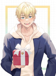 Rule 34 | 1boy, blonde hair, blue eyes, blue jacket, box, earrings, gift, gift box, hao (haozz), holding, holding gift, hood, hood down, hoodie, jacket, jewelry, looking at viewer, male focus, matsuno chifuyu, open clothes, open jacket, open mouth, short hair, simple background, single earring, smile, solo, teeth, tokyo revengers, upper body, white hoodie