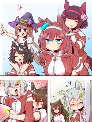 Rule 34 | &gt; &lt;, +++, 6+girls, ^^^, ahoge, animal ears, aqua eyes, black hair, blank eyes, blue background, bow, braid, brown hair, buruma, carrying, clenched teeth, comic, commentary, domino mask, ear covers, ear flower, ear ornament, el condor pasa (umamusume), flying sweatdrops, furrowed brow, green background, grey hairband, gym shirt, hair between eyes, hair ornament, hairband, hairclip, half updo, hat, hat bow, highres, horse ears, horse girl, horse tail, hug, hug from behind, jacket, jealous, kitasan black (umamusume), light green hair, long hair, long sleeves, mask, mihono bourbon (umamusume), misunderstanding, motion lines, multicolored hair, multiple girls, nishino flower (umamusume), no mouth, open mouth, peeking out, piggyback, pink background, pink bow, pink hairband, pointing, purple eyes, purple headwear, red bow, red jacket, seiun sky (umamusume), shirt, short hair, short sleeves, shoulder carry, silent comic, single ear cover, squiggle, streaked hair, striped, striped bow, sweep tosho (umamusume), tail, teeth, thighhighs, tracen training uniform, track jacket, trembling, twintails, two-sided fabric, two-tone bow, umamusume, v-shaped eyebrows, visible air, white bow, white hair, white shirt, witch hat, yonedatomo mizu, zipper, zipper pull tab