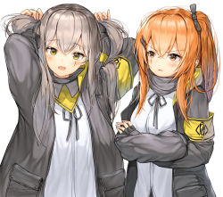 Rule 34 | 2girls, :d, armband, arms up, black gloves, black jacket, black neckwear, blush, bow, brown eyes, bunching hair, crossed arms, dduck kong, fingerless gloves, frown, girls&#039; frontline, gloves, green eyes, grey hair, hair bow, head tilt, highres, hood, hood down, hooded jacket, jacket, long hair, long sleeves, looking at viewer, multiple girls, one side up, open clothes, open jacket, open mouth, orange hair, parted lips, scar, scar across eye, scar on face, shirt, sidelocks, simple background, smile, standing, twintails, ump45 (girls&#039; frontline), ump9 (girls&#039; frontline), upper body, v-shaped eyebrows, white background, white shirt