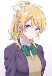Rule 34 | 1girl, ayase eli, blazer, blonde hair, blue eyes, blush, bow, bowtie, breasts, brown sweater, buttons, closed mouth, collared shirt, dress shirt, gradient background, green bow, grey background, hair bow, head tilt, high ponytail, highres, jacket, looking at viewer, love live!, love live! school idol project, medium breasts, medium hair, open clothes, open jacket, otonokizaka school uniform, ponytail, purple jacket, school uniform, shirt, solo, striped bow, striped bowtie, striped clothes, striped neckwear, surufuji, sweater, swept bangs, upper body, white background, white bow, white shirt