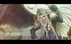 Rule 34 | 00s, 1990s (style), 1boy, aimio nagi, angel wings, feathers, final fantasy, final fantasy vii, final fantasy vii advent children, green hair, holding sword, letterboxed, male focus, sephiroth, silver hair, single wing, sword, weapon, wings