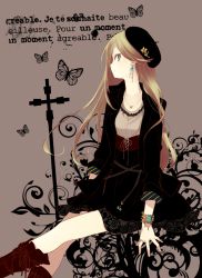 Rule 34 | 1girl, bad id, bad pixiv id, blonde hair, boots, bracelet, bug, butterfly, cross-laced footwear, female focus, french text, green eyes, hat, inko (mini), insect, jewelry, kneehighs, necklace, original, profile, ring, sitting, socks, solo