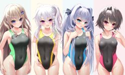 Rule 34 | 4girls, 9-nine-, :3, absurdres, ahoge, aqua eyes, aqua hair, bare arms, bare shoulders, black hair, black one-piece swimsuit, blue eyes, blue hair, braid, breasts, brown hair, cameltoe, cleavage, collarbone, competition swimsuit, covered navel, cowboy shot, embarrassed, fingernails, grey hair, groin, hair intakes, hair ribbon, highleg, highleg swimsuit, highres, holding, holding hair, kousaka haruka, kujou miyako, large breasts, light brown hair, long hair, looking at viewer, medium breasts, multicolored clothes, multicolored swimsuit, multiple girls, navel, ncontrail (mgax7527), niimi sora, one-piece swimsuit, purple eyes, red eyes, ribbon, short hair, side ponytail, simple background, single braid, skindentation, small breasts, standing, swimsuit, thighs, two side up, v, v-shaped eyebrows, wavy hair, wet, wet clothes, wet swimsuit, white background, white hair, yuuki noa