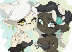 Rule 34 | 2girls, a a2001214, aqua eyes, aqua hair, black dress, black hair, bow-shaped hair, breasts, cephalopod eyes, cleavage, closed mouth, commentary request, dark-skinned female, dark skin, dress, earrings, glint, highres, inkling, jewelry, large breasts, long hair, marie (splatoon), marina (splatoon), mole, mole under mouth, multicolored hair, multiple girls, nintendo, octoling, pink pupils, pointy ears, short hair, smile, splatoon (series), splatoon 1, splatoon 2, star-shaped pupils, star (symbol), strapless, strapless dress, symbol-shaped pupils, tentacle hair, thick eyebrows, two-tone hair, upper body, v, white hair, yellow eyes