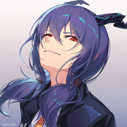 Rule 34 | 1girl, arknights, artist name, black jacket, blue background, blue hair, ch&#039;en (arknights), chinese commentary, commentary request, dragon horns, gradient background, grey background, hair between eyes, head tilt, horns, jacket, long hair, looking at viewer, low twintails, nian (zhanian), parted lips, portrait, red eyes, solo, twintails