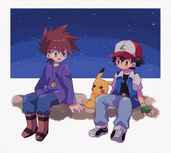 Rule 34 | 2boys, ash ketchum, belt, black hair, black shirt, blue jacket, blue pants, boots, brown belt, brown eyes, brown footwear, brown hair, creatures (company), denim, expressionless, game freak, gary oak, gen 1 pokemon, gloves, green gloves, grey eyes, hand on ground, hand on lap, highres, jacket, jeans, jewelry, long sleeves, looking at another, mgomurainu, multicolored clothes, multicolored headwear, multiple boys, necklace, night, night sky, nintendo, open clothes, open jacket, open mouth, outdoors, pants, pendant, pikachu, pokemon, pokemon (anime), pokemon (classic anime), pokemon (creature), purple shirt, shirt, shoes, short hair, short sleeves, sitting, sky, smile, sneakers, spiked hair, star (sky), talking