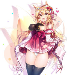 Rule 34 | 1girl, :d, ahoge, animal ears, arm at side, bare shoulders, bell, black thighhighs, blonde hair, blush, bow, breasts, cameltoe, collar, collarbone, commentary request, covered erect nipples, cowboy shot, detached sleeves, dress, fang, fingernails, fox ears, fox girl, fox tail, groin, hair between eyes, hair bobbles, hair bow, hair ornament, heart, highres, japanese clothes, jingle bell, large breasts, legs together, long fingernails, long hair, long sleeves, looking at viewer, microdress, neck bell, no bra, open mouth, original, panties, pantyshot, pleated skirt, red bow, red ribbon, ribbon, ribbon-trimmed sleeves, ribbon trim, rotte (1109), sideboob, sidelocks, skin tight, skindentation, skirt, skirt hold, sleeveless, smile, solo, standing, tail, thighhighs, underwear, upskirt, very long hair, white panties, wide sleeves, yellow eyes