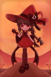 Rule 34 | 1girl, back bow, black footwear, black gloves, black pantyhose, blood, blood on hands, bow, braid, brown hair, colored skin, corruption, dress, eye on hat, funamusea, gloves, hat, highres, moon, ocean, official alternate costume, oounabara to wadanohara, pantyhose, pointy ears, red bow, red dress, red eyes, red hat, red sailor collar, red theme, sailor collar, sandals, sleeveless, sleeveless dress, solo, standing, twin braids, wadanohara, white skin, whiteaoi030, witch, witch hat