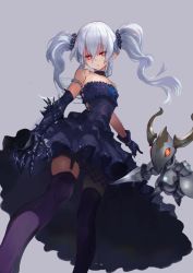 Rule 34 | 1girl, black gloves, black thighhighs, dress, elbow gloves, gloves, granblue fantasy, long hair, orchis, ponzu (catponz), silver hair, thighhighs, twintails