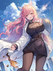 Rule 34 | 1girl, absurdres, animal ears, black skirt, blue sky, blush, breasts, brown pantyhose, brown sweater, cat ears, cityscape, cloud, coffee mug, commentary, cup, day, girls&#039; frontline neural cloud, greenapple, hair between eyes, highres, holding, holding cup, holding tablet pc, lab coat, large breasts, lens flare, long hair, looking at viewer, mug, outdoors, pantyhose, parted lips, persicaria (neural cloud), pink eyes, pink hair, ribbed sweater, skirt, sky, smile, solo, spilling, sweater, tablet pc, teeth, upper teeth only