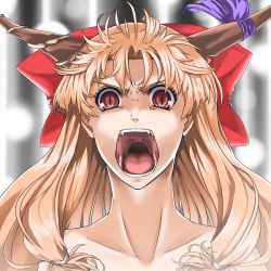 Rule 34 | 1girl, angry, bare shoulders, blonde hair, bow, fangs, female focus, hair bow, haruichi (komikal), horn ornament, horn ribbon, horns, ibuki suika, long hair, open mouth, red eyes, ribbon, slit pupils, solo, touhou, you gonna get raped