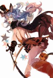 Rule 34 | 10s, 1girl, animal ears, ass, backless outfit, bad id, bad twitter id, bare back, blue hair, erune, ferry (granblue fantasy), ferry (halloween) (granblue fantasy), gloves, granblue fantasy, halloween, hat, hyakuhachi (over3), pumpkin, rabbit ears, skirt, solo, top hat, yellow eyes