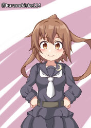 Rule 34 | 1girl, absurdres, black serafuku, black shirt, black skirt, brown eyes, brown hair, commentary request, crescent, crescent pin, fumizuki (kancolle), hands on own hips, highres, kantai collection, kurano kisuke, long hair, neckerchief, one-hour drawing challenge, pleated skirt, ponytail, sailor collar, sailor shirt, school uniform, serafuku, shirt, skirt, smile, solo, white neckerchief