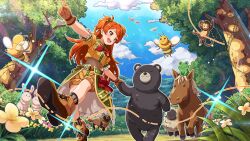 Rule 34 | 1girl, animal, black bear, brown eyes, brown footwear, dress, flower, forest, happy, idolmaster, idolmaster million live!, idolmaster million live! theater days, long hair, nature, official art, open mouth, orange dress, orange hair, pointing, pointing up, shorts, side ponytail, smile, yellow shorts