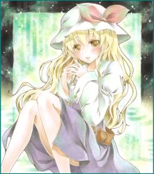 Rule 34 | 1girl, bad id, bad pixiv id, belt, blonde hair, blouse, blush, colored pencil (medium), hat, hat ribbon, interlocked fingers, juliet sleeves, light particles, long hair, long sleeves, looking at viewer, marker (medium), painting (medium), parted lips, potto, potto (minntochan), puffy sleeves, reclining, ribbon, ripples, shirt, skirt, solo, touhou, traditional media, two-tone background, watatsuki no toyohime, watercolor (medium), yellow eyes
