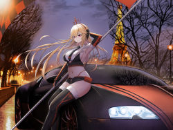 Rule 34 | 1girl, absurdres, alternate costume, arm behind head, armpits, azur lane, bare shoulders, bare tree, bike shorts, black gloves, black necktie, black shorts, black thighhighs, blonde hair, bracelet, breasts, bugatti, bugatti veyron, building, car, closed mouth, commentary, crop top, cross, eiffel tower, elbow gloves, feet out of frame, flag, france, from side, fur-trimmed gloves, fur-trimmed thighhighs, fur trim, gloves, hair between eyes, headset, highres, holding, holding flag, jewelry, kcar66t, large breasts, long hair, looking at viewer, midriff, motor vehicle, navel, necktie, night, orange gloves, outdoors, paris, print thighhighs, purple eyes, race queen, real world location, richelieu (azur lane), shirt, short shorts, shorts, sideboob, sidelocks, sitting, sitting on car, smile, solo, sports car, stomach, thighhighs, thighs, tree, two-tone gloves, vehicle request, white shirt