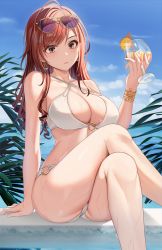 Rule 34 | 1girl, ahoge, arisugawa natsuha, asato mai, bare shoulders, bikini, blush, breasts, brown eyes, cleavage, collarbone, commentary request, criss-cross halter, cup, drinking straw, earrings, eyewear on head, feet out of frame, food, fruit, halterneck, hand up, highres, holding, holding cup, idolmaster, idolmaster shiny colors, jewelry, large breasts, long hair, looking at viewer, orange (fruit), orange slice, red hair, sitting, solo, sunglasses, swimsuit, wet, white bikini