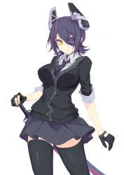 Rule 34 | 10s, 1girl, black gloves, black thighhighs, breasts, buttons, cardigan, checkered clothes, checkered necktie, checkered neckwear, d. (ddot2018), eyepatch, gloves, headgear, kantai collection, large breasts, looking at viewer, necktie, purple hair, school uniform, short hair, skirt, solo, sword, tenryuu (kancolle), thighhighs, weapon, yellow eyes