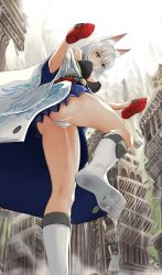 Rule 34 | 1girl, animal ear fluff, animal ears, ass, azur lane, bare shoulders, blood, blood stain, blue eyes, blue kimono, breasts, city, closed mouth, commission, crushing, destruction, foot focus, fox ears, fox tail, from below, giant, giantess, highres, holding, holding clothes, holding footwear, japanese clothes, kaga (azur lane), kimono, large breasts, lips, looking at another, looking down, multiple tails, no shoes, nonoririn, off shoulder, panties, pantyshot, sandals, sarashi, short hair, silver hair, size difference, socks, solo focus, standing, tail, underwear, white legwear, white panties
