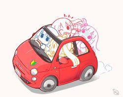 Rule 34 | 4girls, blonde hair, blue hair, bocchi the rock!, cellphone, commentary request, cube hair ornament, driving, fiat, fiat 500, gotoh hitori, hair ornament, hanomido, highres, ijichi nijika, kita ikuyo, map, multiple girls, official style, one eye closed, phone, pink hair, red car, red hair, scared, selfie, smartphone, steering wheel, white background, yamada ryo