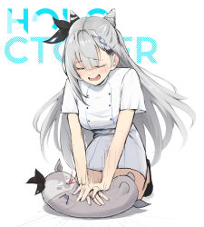 1girl blood blood_from_mouth braid braided_bangs breasts closed_eyes cone_hair_bun cpr crying dress grey_hair hair_bun highres hololive hololive_indonesia medium_breasts nineroine nurse open_mouth seiza short_dress short_sleeves sitting vestia_zeta virtual_youtuber white_background white_dress you&#039;re_doing_it_wrong