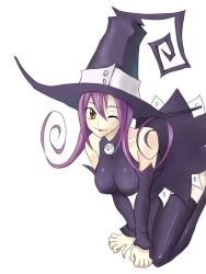 Rule 34 | 00s, blair (soul eater), hat, purple hair, soul eater, thighhighs, wink, witch, witch hat, yellow eyes