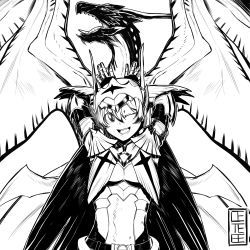 Rule 34 | 1girl, absurdres, armor, cete (controllingtime), greyscale, hands up, highres, legiana, legiana (armor), looking at viewer, monochrome, monster hunter (series), monster hunter: world, open mouth, solo, wings