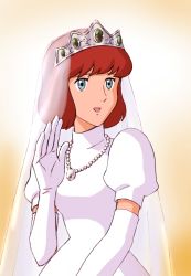 Rule 34 | 1girl, blue eyes, brown hair, castle of cagliostro, clarisse de cagliostro, crown, dress, elbow gloves, female focus, gloves, gradient background, jewelry, lupin iii, necklace, solo, veil, wedding dress, white background
