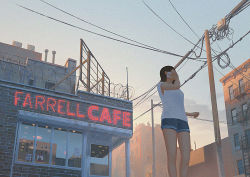 Rule 34 | 1girl, arm at side, arm up, barbed wire, blue shorts, brick wall, building, denim, denim shorts, diner, evening, holding, holding phone, neon lights, original, phone, power lines, shirt, shorts, solo, standing, sunlight, talking on phone, tamaki (tamaki illust), white shirt, window