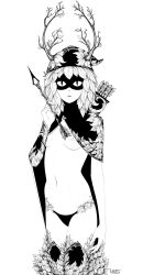 Rule 34 | 1girl, absurdres, adventure time, arrow (projectile), black panties, black thighhighs, breasts, cape, cowboy shot, greyscale, hair branch, hat, highres, holding, holding arrow, huntress wizard, leaf, looking at viewer, ltstry, medium breasts, monochrome, navel, nipples, no bra, panties, parted lips, plant hair, quiver, signature, simple background, solo, thighhighs, underwear, white background