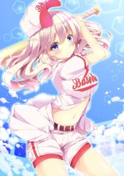 Rule 34 | 1girl, absurdres, arms up, baseball bat, baseball cap, belt, blonde hair, blue eyes, blush, breasts, closed mouth, cowboy shot, floating hair, fuuna, hair between eyes, hat, highres, holding, large breasts, long hair, looking at viewer, moe2017, navel, original, partially unbuttoned, pentagon (shape), shorts, smile, solo, thighs