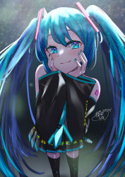 Rule 34 | 1girl, absurdly long hair, anniversary, aqua eyes, aqua hair, aqua nails, aqua necktie, artist name, artist request, bare shoulders, black skirt, black sleeves, black thighhighs, blue eyes, blue hair, blue nail polish, blue nails, blue necktie, breasts, collarbone, collared shirt, detached sleeves, female focus, frilled shirt collar, frills, grey shirt, hair between eyes, hair ornament, hands on own cheeks, hands on own face, hatsune miku, highres, long hair, looking at viewer, miniskirt, nail, nail polish, necktie, number tattoo, parted lips, pleated skirt, sakurada 7, sakurada nana, shirt, shoulder tattoo, skirt, sleeveless, sleeveless shirt, sleeves past wrists, smile, solo, tattoo, thighhighs, tie clip, twintails, very long hair, vocaloid, wide sleeves, wing collar, zettai ryouiki