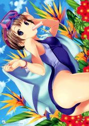 Rule 34 | 1girl, arched back, ass, bird of paradise flower, blue eyes, bracelet, brown hair, rabbit hair ornament, casual one-piece swimsuit, cloud, competition swimsuit, day, diving mask, flower, food, goggles, hair ornament, hairpin, highres, jewelry, koutaro, leaning forward, looking at viewer, mouth hold, non-web source, one-piece swimsuit, popsicle, short hair, sky, solo, swimsuit, towel, wristband