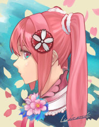 Rule 34 | 1girl, closed mouth, falling petals, flower, from side, hair ornament, hatsune miku, long hair, looking at viewer, looking to the side, luicent, petals, pink eyes, pink flower, pink hair, portrait, profile, sakura miku, sideways glance, signature, solo, vocaloid