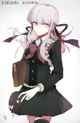 Rule 34 | 1girl, bag, black jacket, black ribbon, black skirt, black thighhighs, bow, bowtie, braid, brown bag, character name, cherry blossoms, closed mouth, collared shirt, commentary, commentary request, danganronpa, danganronpa (series), danganronpa kirigiri, english commentary, eyes visible through hair, fingernails, floating hair, grey shirt, hair ornament, hair ribbon, highres, jacket, kirigiri kyoko, long fingernails, long hair, long sleeves, looking at viewer, mixed-language commentary, petals, pleated skirt, purple bow, purple eyes, purple hair, purple ribbon, ribbon, ringed eyes, shirt, skirt, solo, thighhighs, uusparking, white background, zettai ryouiki
