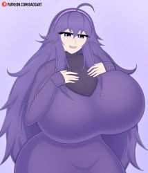 Rule 34 | 1girl, artist request, breasts, creatures (company), dress, game freak, gigantic breasts, hands on own chest, hex maniac (pokemon), highres, long hair, long sleeves, looking at viewer, messy hair, nintendo, npc trainer, pokemon, pokemon xy, purple dress, purple eyes, purple hair, smile, solo