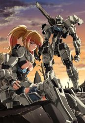 Rule 34 | 1girl, baihu (frame arms), baihu (frame arms girl), blonde hair, breasts, brown eyes, cleavage, cleavage cutout, clenched hands, clothing cutout, frame arms, frame arms girl, gradient hair, highres, kumichou (ef65-1118-ef81-95), looking at viewer, mecha, mecha musume, medium breasts, multicolored hair, one-eyed, open hand, parted lips, pink hair, robot, shoulder cannon, sitting, twintails, underboob