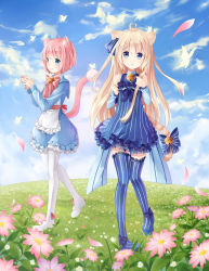 Rule 34 | 2girls, ahoge, animal ears, bad deviantart id, bad id, bell, blonde hair, blue eyes, border, bow, bug, butterfly, butterfly on nose, cat ears, cat girl, cat tail, cloud, day, dress, female focus, field, flower, flower field, grass, hair ribbon, hitsukuya, insect, long hair, multiple girls, nature, original, outdoors, pantyhose, petals, pink hair, pinstripe pattern, ribbon, short hair, sky, striped clothes, striped dress, striped legwear, striped thighhighs, tail, tail bow, tail ornament, thighhighs, vertical-striped clothes, vertical-striped legwear, vertical-striped thighhighs, white legwear, wind
