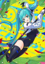 Rule 34 | 1girl, absurdres, asymmetrical bodysuit, asymmetrical clothes, blue eyes, blue hair, bodysuit, boots, confetti, crop top, crop top overhang, cropped jacket, flagpole, hatsune miku, highres, holding, holding pole, itou kazuki, long hair, long sleeves, open mouth, pole, racing miku, racing miku (2022), single pantsleg, single thigh boot, smile, solo, thigh boots, twintails, vocaloid
