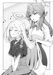 Rule 34 | 2girls, adjusting another&#039;s hair, ahoge, aru (blue archive), blue archive, blush, closed eyes, closed mouth, collared shirt, cropped jacket, demon horns, greyscale, halo, highres, horns, karikura (atatata71), long hair, monochrome, multiple girls, mutsuki (blue archive), open mouth, shirt, short sleeves, skirt, smile