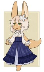 Rule 34 | 1other, :3, :d, animal ear fluff, animal ears, bad id, bad twitter id, body fur, commentary request, dress, flower, furry, green eyes, hair flower, hair ornament, kawasemi27, light brown hair, long sleeves, looking away, made in abyss, medium hair, nanachi (made in abyss), open mouth, simple background, smile, solo, tail, whiskers