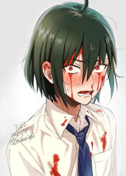 Rule 34 | 1boy, ahoge, artist name, black hair, blood, blood from mouth, blood on clothes, blood on face, bloody tears, blue necktie, blush, buttons, character name, collared shirt, commentary request, gradient background, grey background, hair between eyes, highres, kaberiasii, long sleeves, necktie, nosebleed, open mouth, pocket, red eyes, shirt, short hair, solo, spy x family, sweat, sweatdrop, teeth, tongue, upper body, white background, white shirt, yuri briar