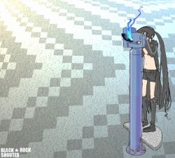 Rule 34 | 10s, 1608 (artist), 1608 (no.26), 1girl, belt, bikini, bikini top only, black hair, black rock shooter, black rock shooter (character), boots, glowing, glowing eye, glowing eyes, hood, jacket, knee boots, long hair, midriff, navel, shorts, solo, star (symbol), swimsuit, telescope, twintails, uneven twintails, very long hair, vocaloid