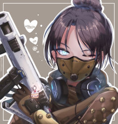Rule 34 | 1girl, absurdres, airship assassin wraith, animification, apex legends, bad id, bad pixiv id, blue eyes, bodysuit, brown background, brown bodysuit, brown gloves, gloves, gun, hair bun, headphones, headphones around neck, headset removed, heart, highres, holding, holding gun, holding weapon, kagamitsuka, mask, mouth mask, one eye closed, parted bangs, r-99 smg, single hair bun, solo, submachine gun, weapon, wraith (apex legends)