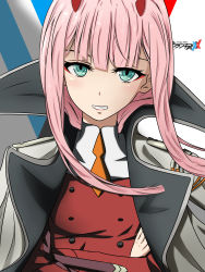 Rule 34 | 1girl, absurdres, breasts, coat, commentary, crossed arms, darling in the franxx, english commentary, green eyes, grey coat, highres, horns, long hair, looking at viewer, medium breasts, military, military uniform, oni horns, orange neckwear, pink hair, red horns, shippaidayo, smile, solo, straight hair, uniform, zero two (darling in the franxx)